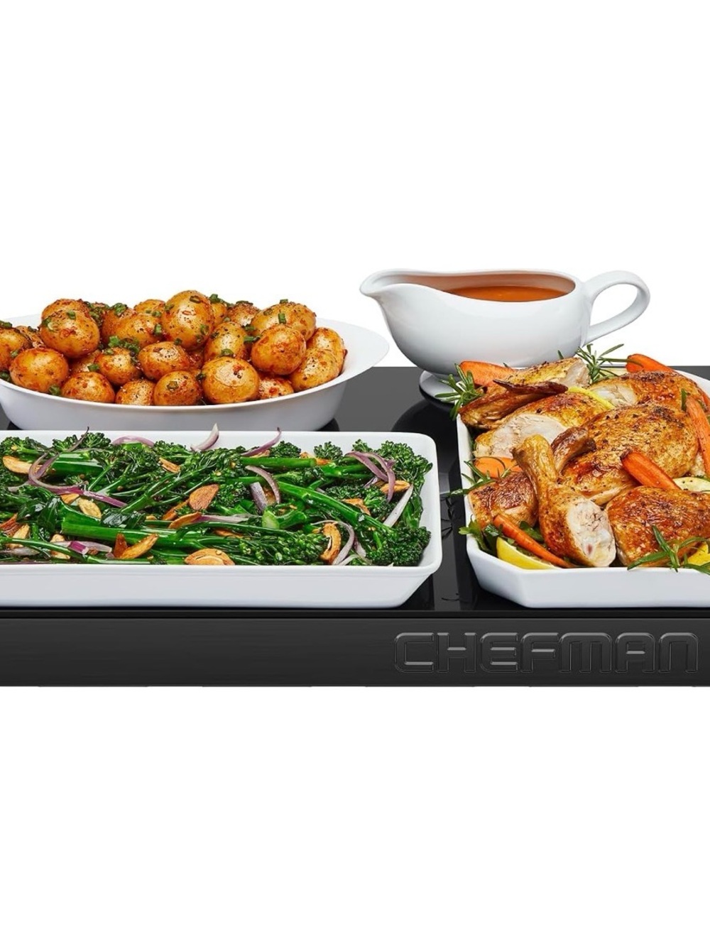 Chefman Black Electric Warming Tray with White Serving Dishes